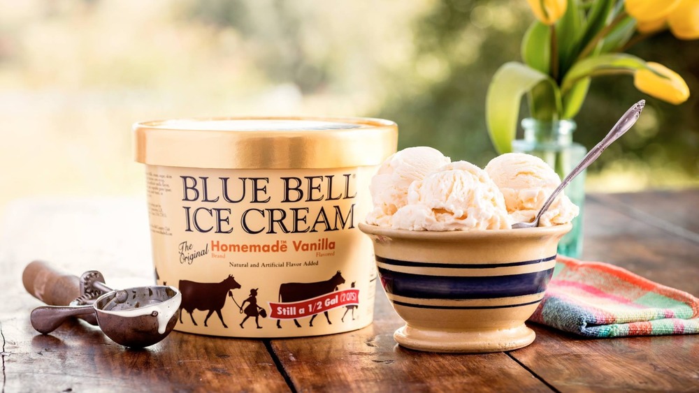 carton and bowl of Blue Bell's homemade vanilla ice cream