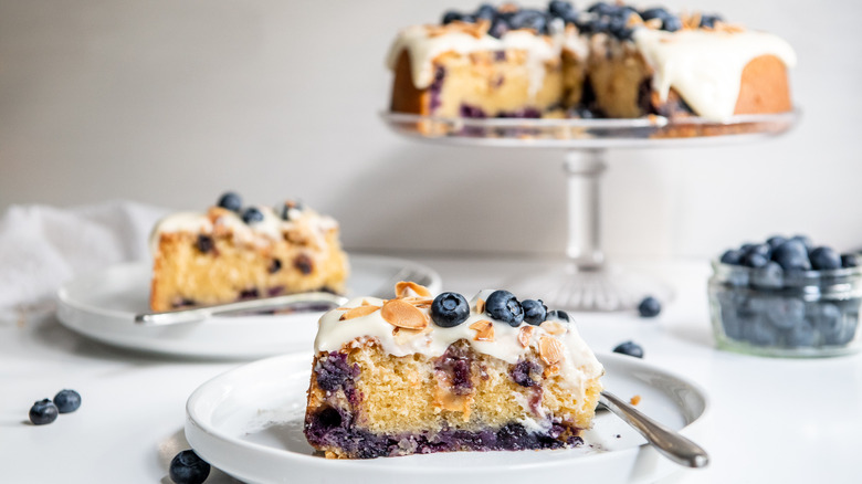 Blueberry Amaretto Cake Recipe on a serving tray