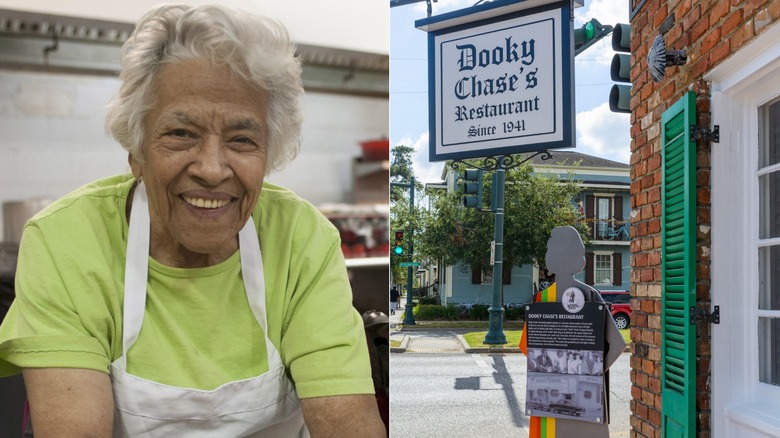 Split image of chef and activist Leah Chase & exterior of Dooky Chase's restaurant
