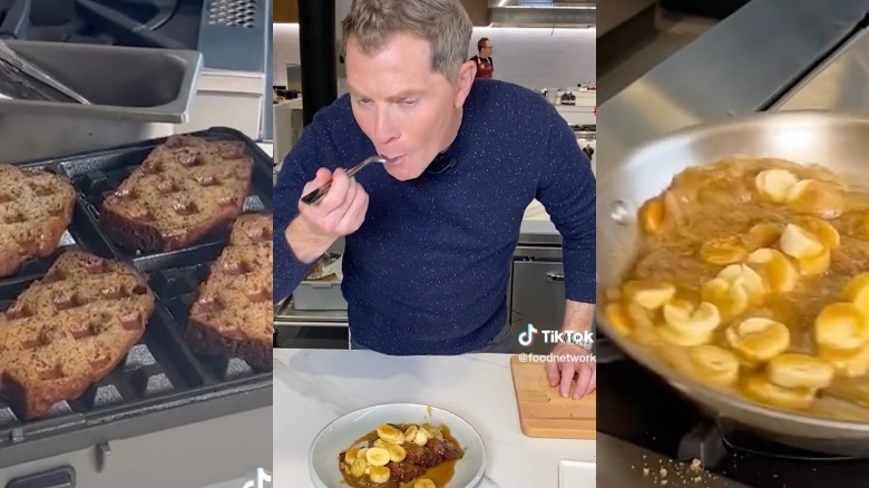 Bobby Flay making banana bread waffles with Bananas Foster sauce