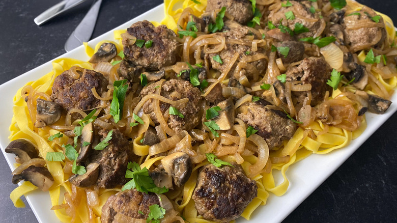 salisbury steak meatballs over pasta