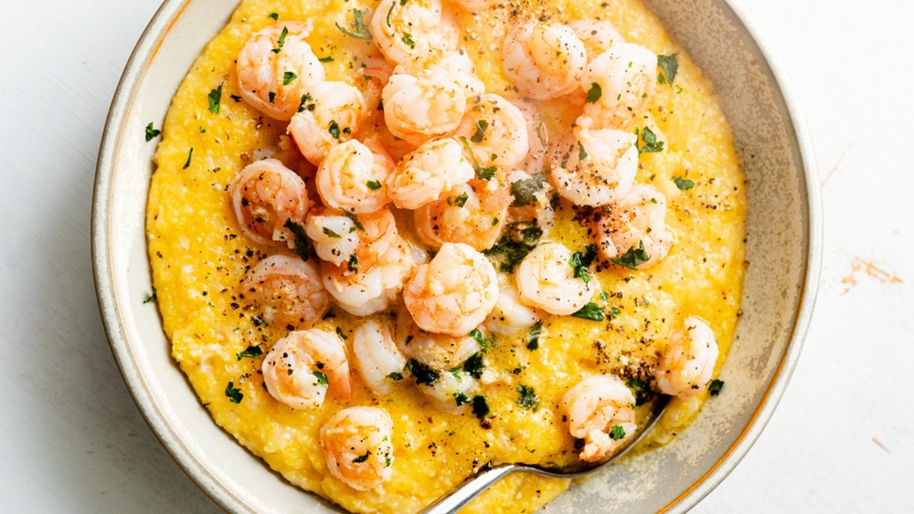 Bobby Flay's shrimp and grits with a twist in white bowl