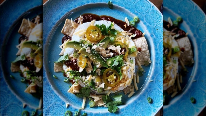 bobby flay's huevos rancheros on blue plate