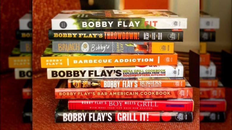 Stack of Bobby Flay cookbooks