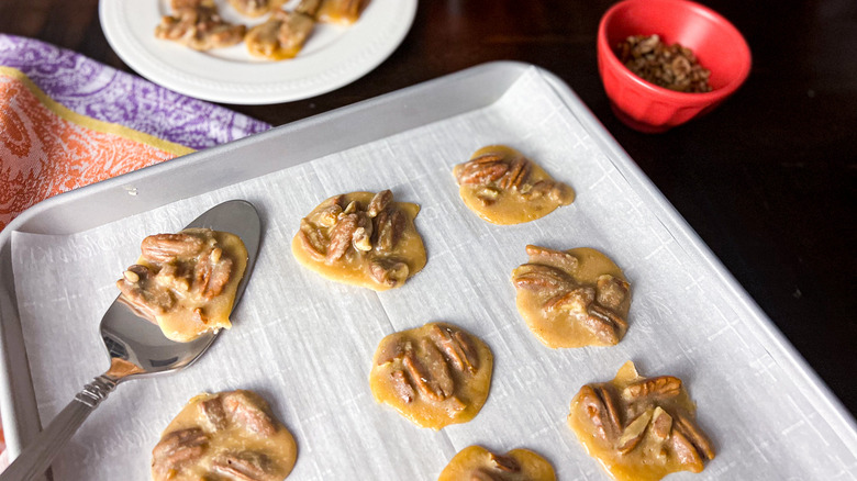 bourbon pecan pralines on tray