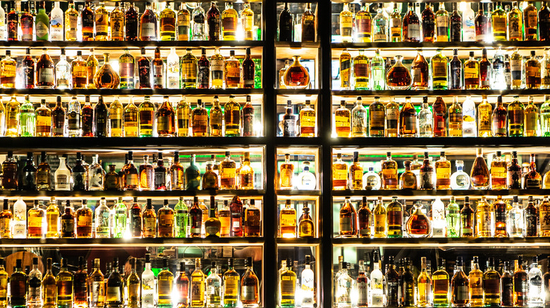 alcoholic spirits on backlit shelving