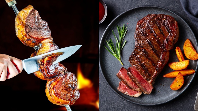 Brazilian steak on a skewer, elegant steak dinner on a plate