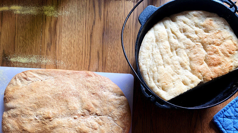 Flat bread in Dutch oven and on cutting board