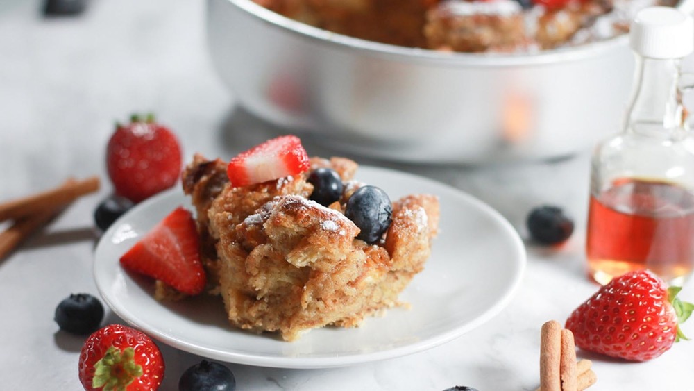 French toast casserole with fresh fruit on a plate