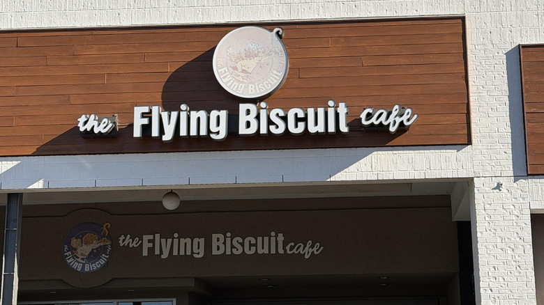 exterior entrance of the flying biscuit cafe restaurant with sign