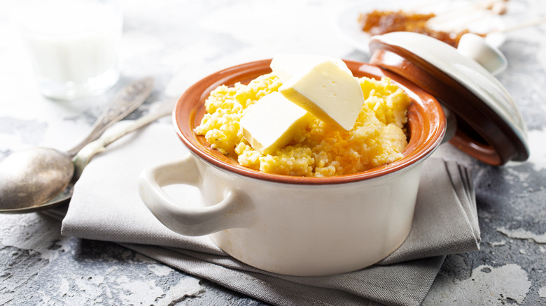 White crock with cornmeal mush