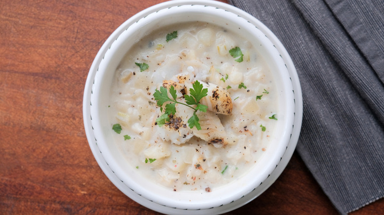 A bowl of cullen skink on a table