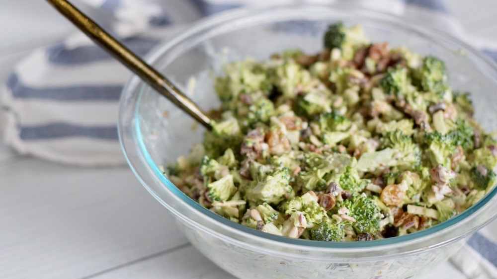 broccoli salad in glass bowl