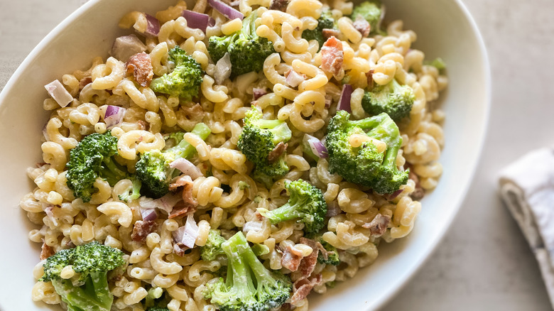 bowl of broccoli pasta salad