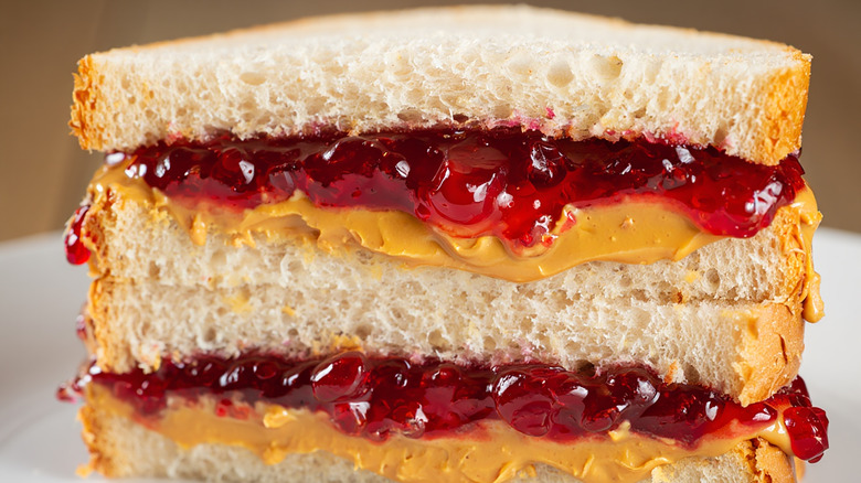 A peanut butter and jelly sandwich sliced in half and stacked on top of itself