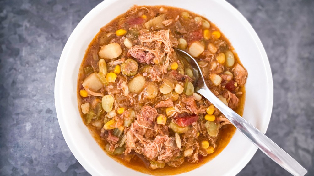 Bowl of Brunswick stew with spoon