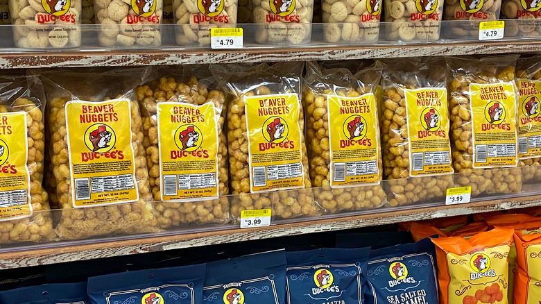 Bags of Buc-ee's Beaver Nuggets on shelves