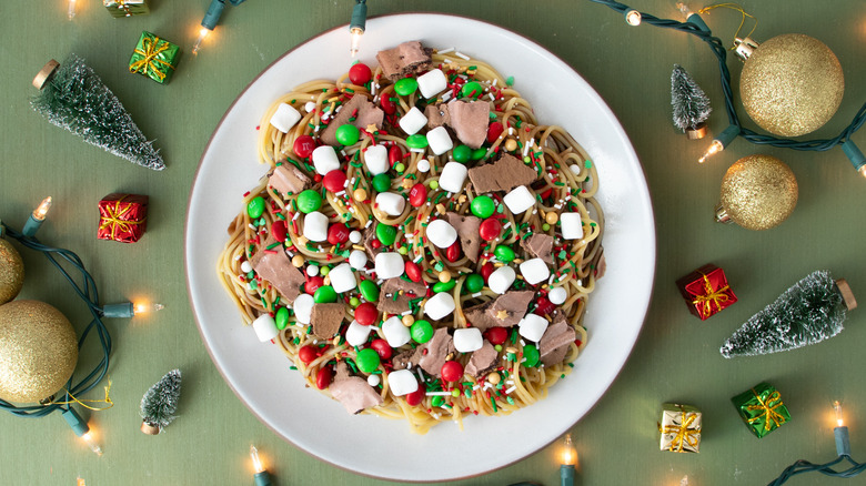 elf sweet syrup spaghetti with candy topping