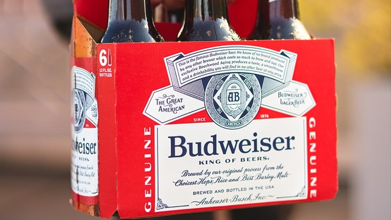 A six-pack of bottled Budweiser beer