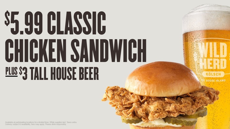 Ad for Buffalo Wild Wings' $5.99 classic chicken sandwich plus house beer for $3