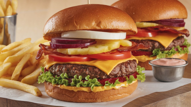 Burger with cheese, lettuce, tomato, pineapple, beets, egg, bacon, and fries on side