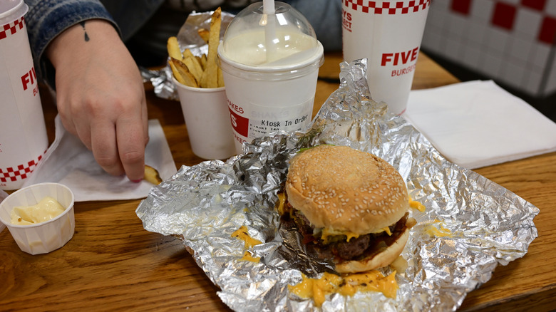 Five guys burger, fries, and drinks