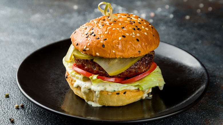 freshly made burger on plate