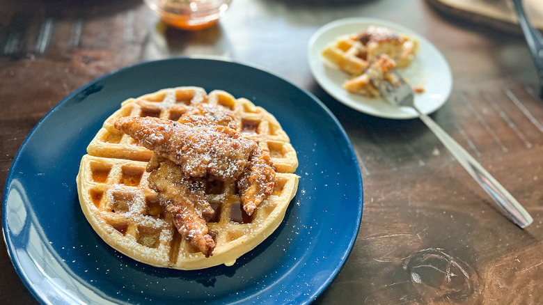 waffle with chicken on plate