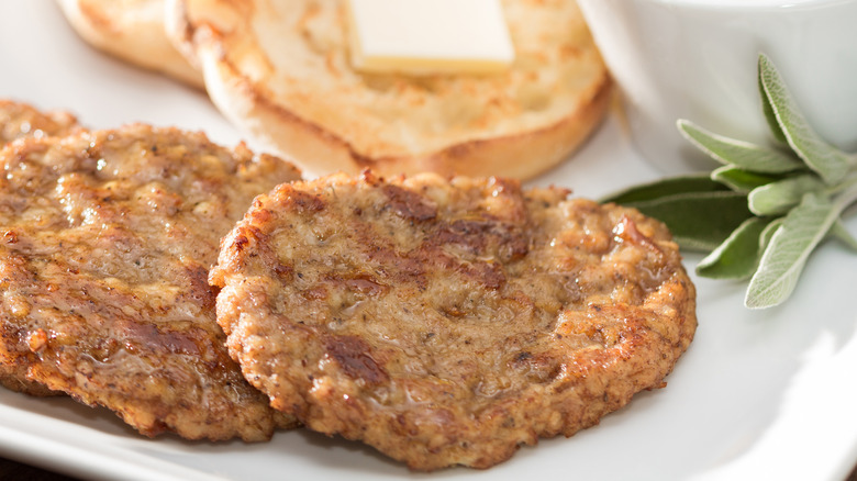breakfast sausage patties on plate with sides