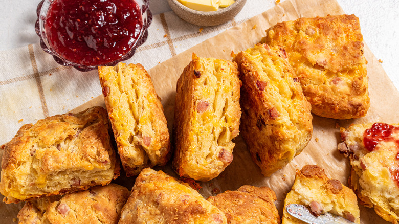 Ham and cheese biscuits with a side of jam