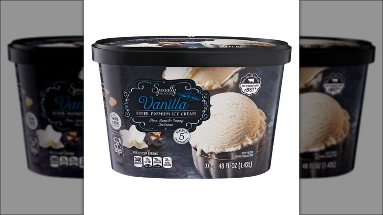 A carton of super premium vanilla ice cream from Aldi