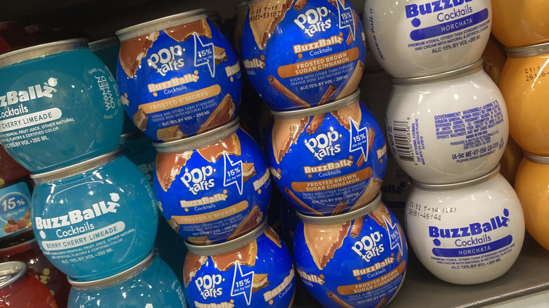 A shelf display of BuzzBallz including the Pop-Tarts varieties