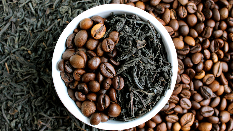 coffee beans and tea leaves