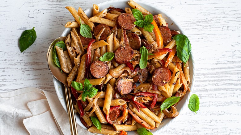 bowl of Cajun smoked sausage pasta