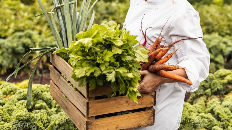 Person carrying box of produce