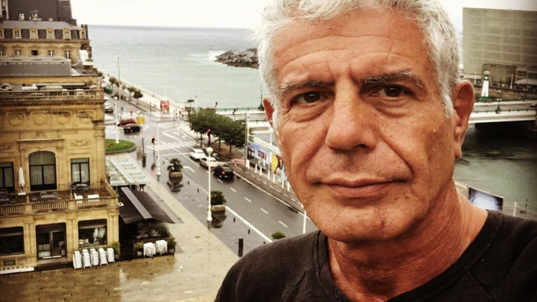 Anthony Bourdain in front of European landscape