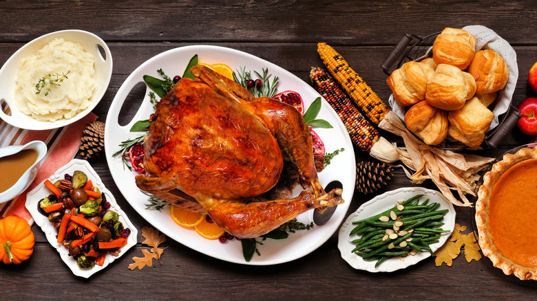 Thanksgiving dinner table with food