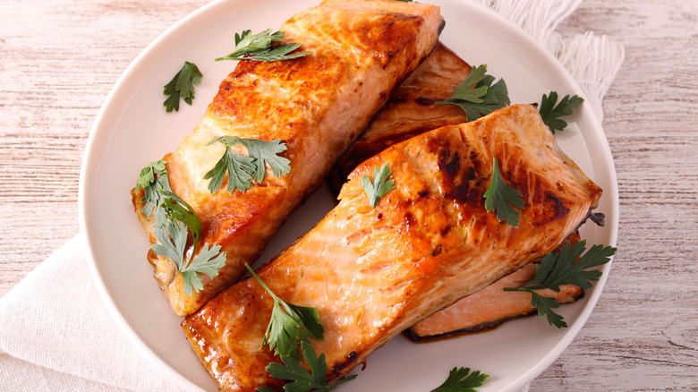 White plate of grilled salmon filets with herbs.
