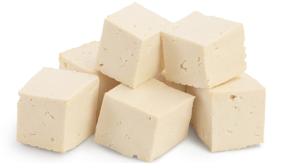 Cubed tofu in a stack
