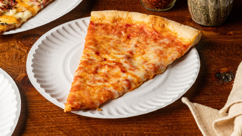 Slice of pizza on white paper plate