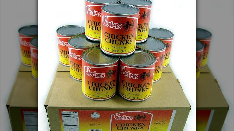 A box of Yoders canned chicken chunks