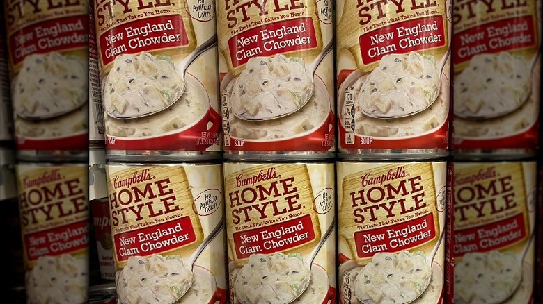 Cans of Campbell's Homestyle New England Clam Chowder