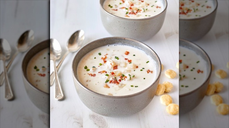 Bowl of Cole's New England Clam Chowder on table