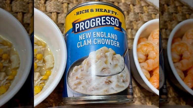 Progresso Clam Chowder next to bowls of corn and shrimp