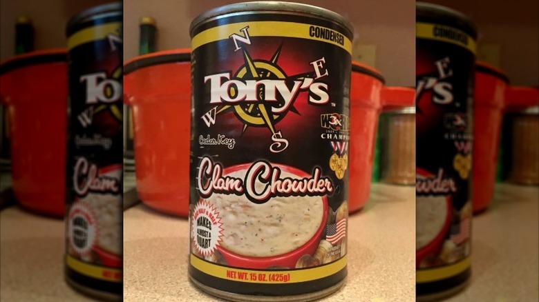 Can of Tony's Clam Chowder on kitchen counter