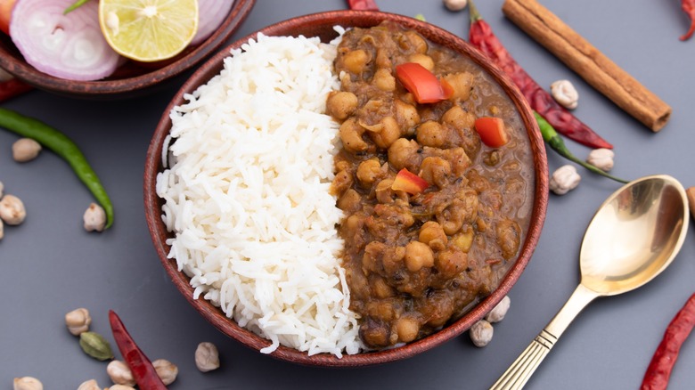 Chickpea curry and rice in bowl