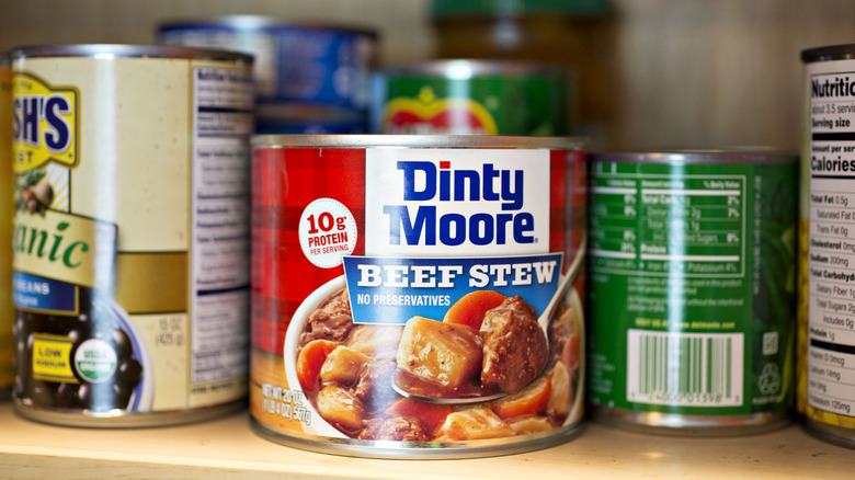 can of Dinty Moore Beef Stew on shelf
