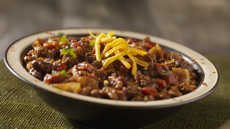 Chili with beans in ceramic bowl