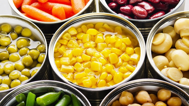 Close-up of opened canned vegetables