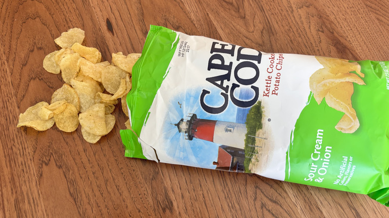 bag of chips spilling on table